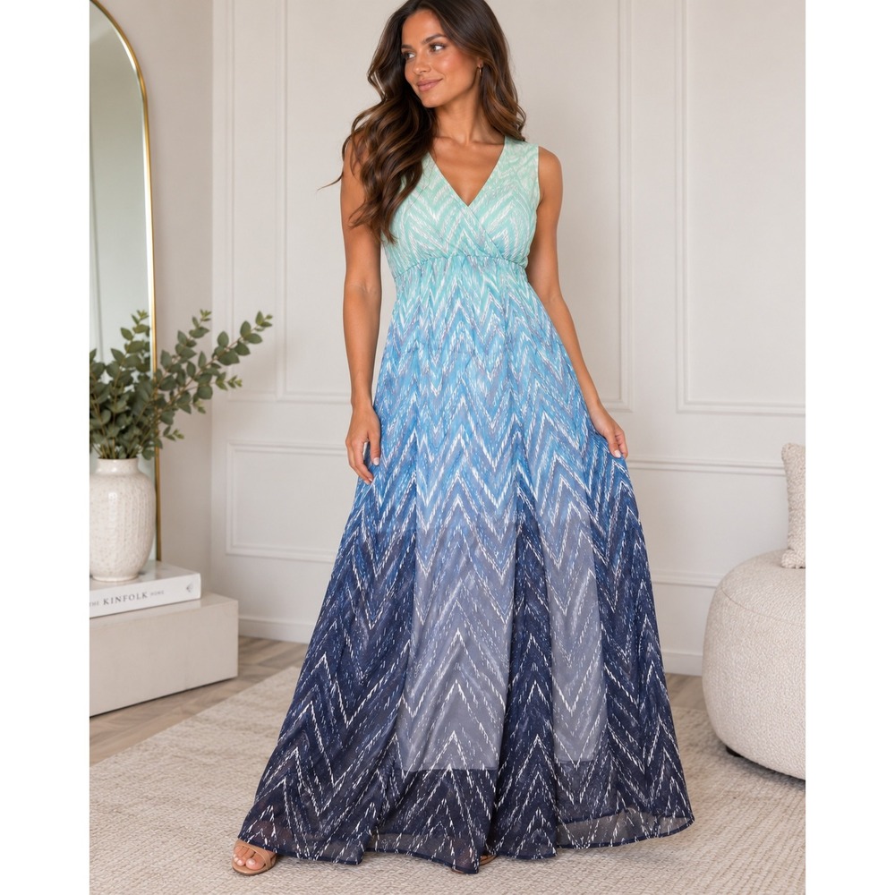 Luxe by Carmen Marc Valvo Blue Ombre Chevron Maxi Dress Size 16 Sleeveless Gown
